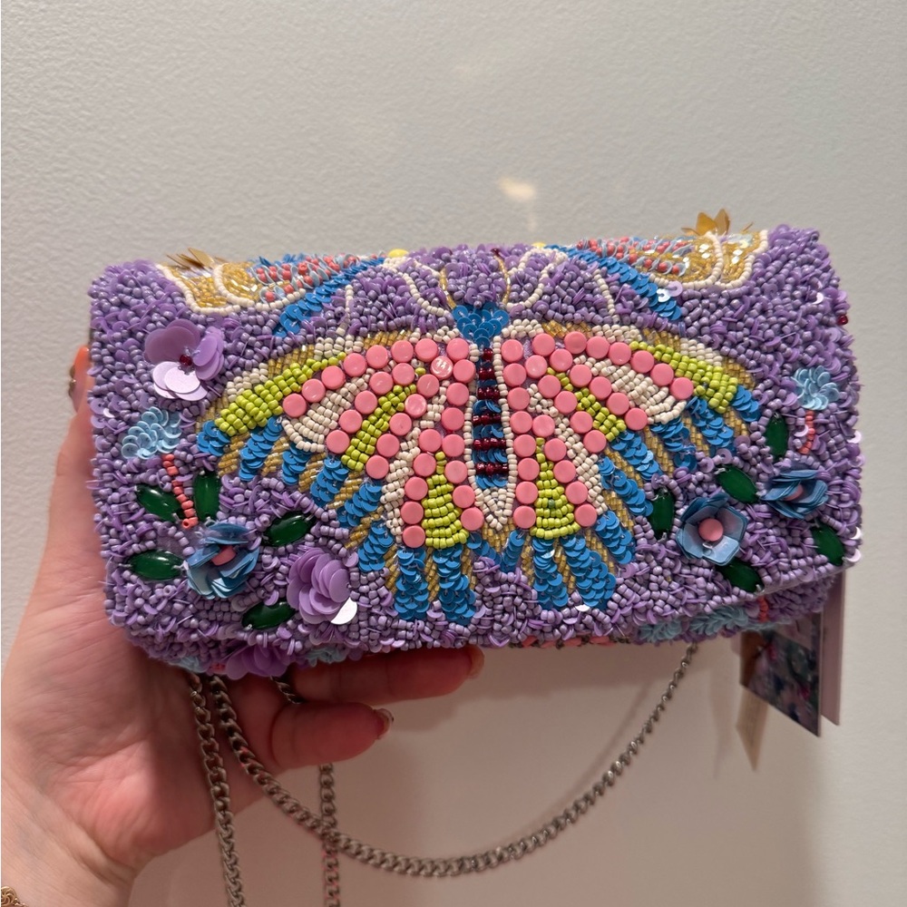 Handcrafted beaded sequin from India to you butterfly clutch bag w chain viral